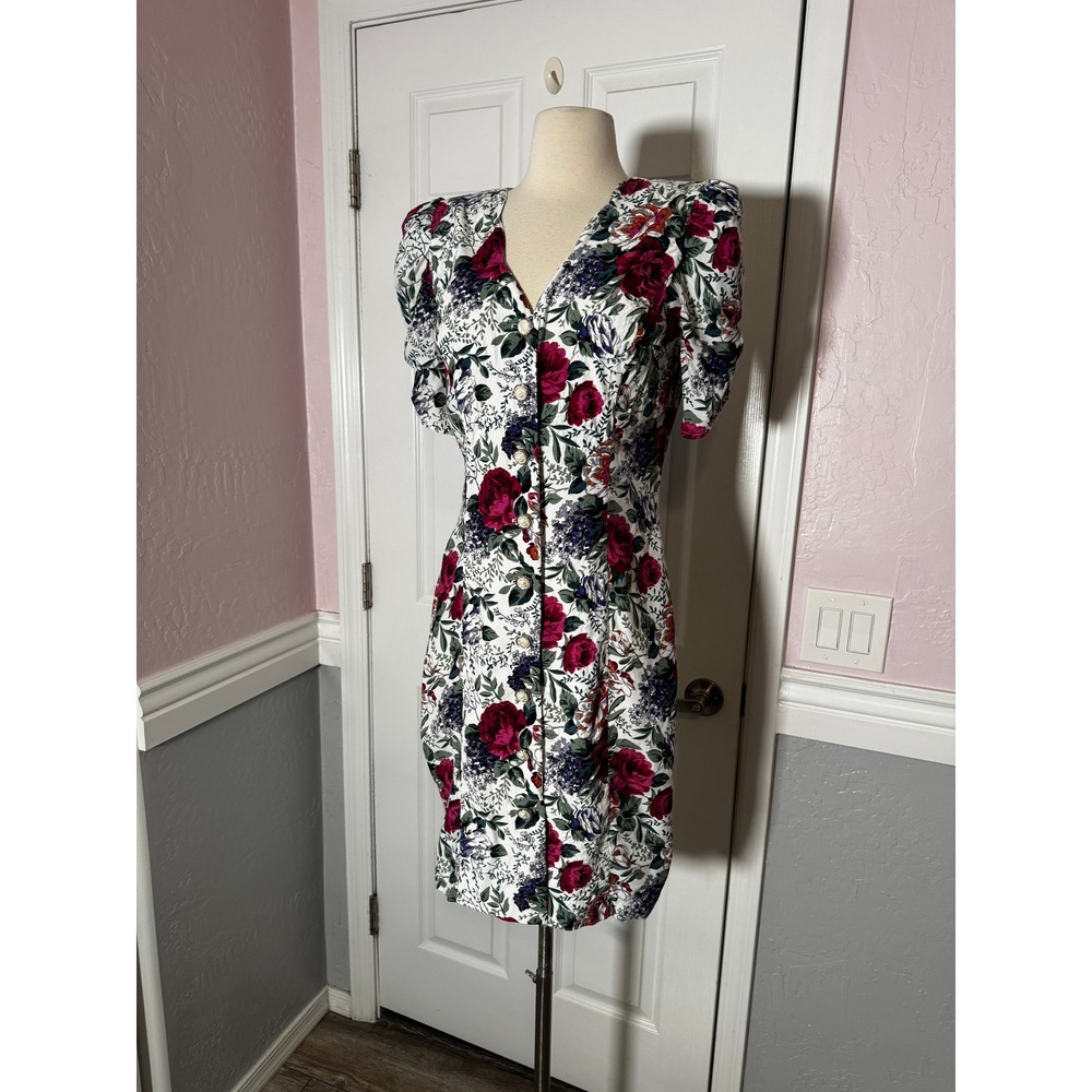 All that Jazz Floral Button Front Mini Dress Puff Sleeve White Red 80 SZ 7/8 - Picture 6 of 13